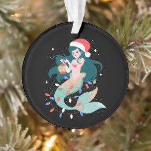 Ornamento Sereia do Natal Chapéu de Papai Noel Lanterna Luze