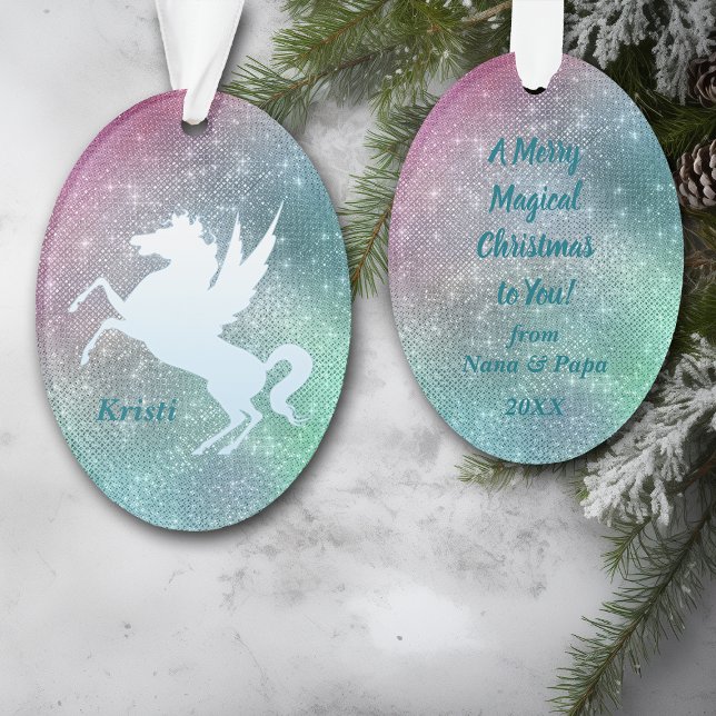 Ornamento Silver Unicorn em Holiday Sparkle Personalizado (Criador carregado)