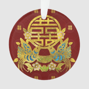 Ornamento Símbolo dobro Dourado da felicidade com pássaros