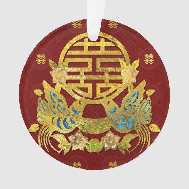 Ornamento Símbolo dobro Dourado da felicidade com pássaros (Frente)