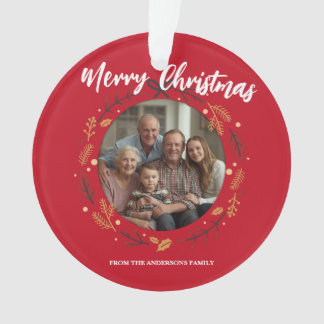 Ornamento Simple red Christmas Wreath Photo Family name