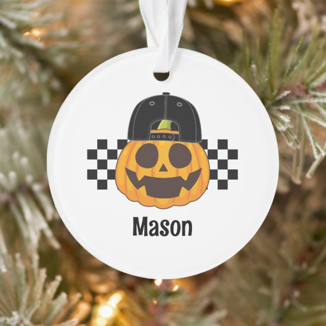 Ornamento Spooky Retro Pumpkin Dude Baby Boys Nome Halloween (Árvore)