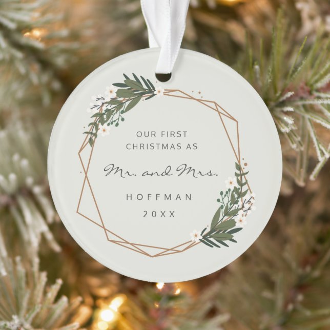 Ornamento Sr. e Sra. Geométrica Foto Nosso Primeiro Natal (Árvore)