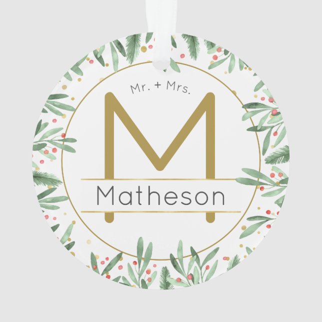 Ornamento Sr. + Sra. Nosso Primeiro Monograma de Natal (Verso)
