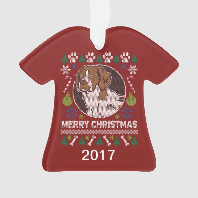 Ornamento Suéter de Natal Brittany Spaniel Ugly (Frente)