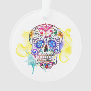 Ornamento Sugar Skull Watercolor Cruzada com o nome do Memor