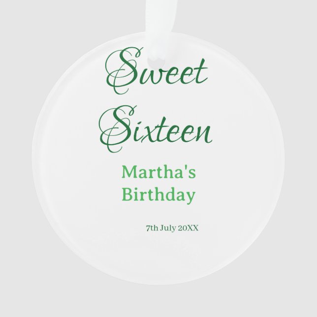 Ornamento Sweet Sixteen green name date calligraphy boho ret (Frente)