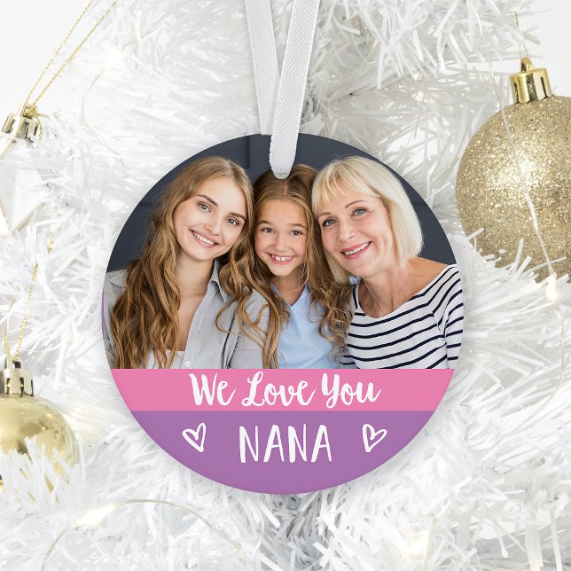 Ornamento Te Amo, Nana | Bloco Cor Rosa Duas Fotografias (A pretty, purple and pink color block holiday ornament for Nana with two photos)
