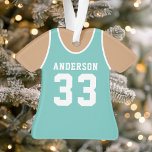 Ornamento Teal Basball Personalizado Jersey<br><div class="desc">Celebrar sua estrela de basquete com esta camisa de basquete teal personalizada. Perfeito para comemorar uma estação especial,  jogador ou equipe. Personalize-o com um nome e número para criar uma manutenção exclusiva.</div>
