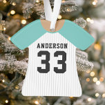 Ornamento Teal Baseball em Jersey personalizado<br><div class="desc">Celebre sua estrela de beisebol com este ornamento personalizado de camisola branca e giz de pínus. Perfeito para comemorar uma estação especial,  jogador ou equipe. Personalize-o com um nome e número para criar uma manutenção exclusiva.</div>