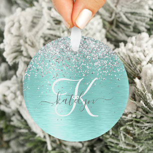 Ornamento Teal Brugado Metal Silver Glitter Nome Monograma