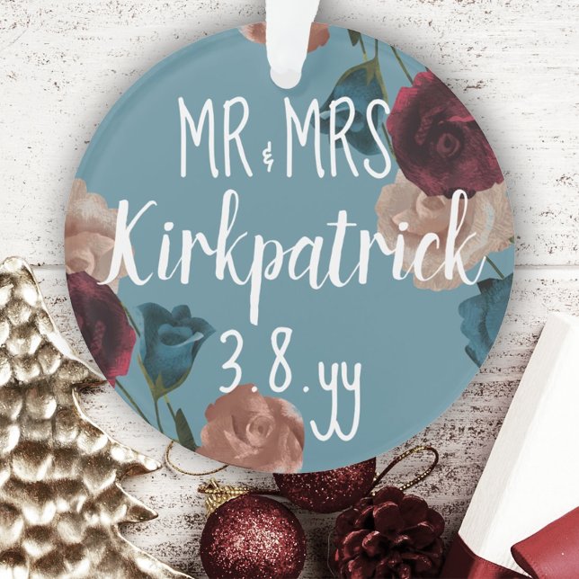 Ornamento Teal Green Beige Burgundy Rosa Natal (Newlywed Gift, Tree Ornament, Botanical Teal Green Burgundy Roses First Christmas, Bride and Groom)