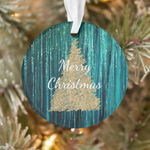 Ornamento Teal Pine Green Tinsel Dourada Árvore de Natal