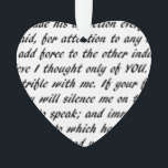 Ornamento Texto do orgulho e do preconceito frente e verso<br><div class="desc">Texto da cena final da proposta do orgulho e do preconceito de Jane Austen.</div>