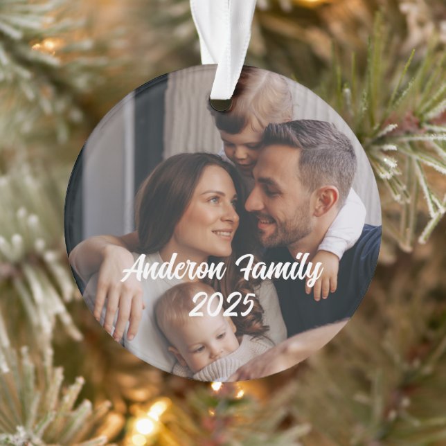 Ornamento Texto Personalizado de Fotografia da Família Natal (Árvore)
