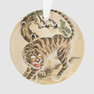 Ornamento Tigre Minhwa Antigo sob Árvore de Pinheiro