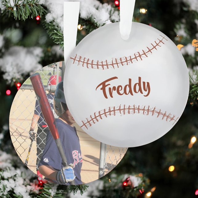 Ornamento Tipografia Simples de Baseball em Fotografia Perso (Baseball Christmas Personalized Photo Ornament.)