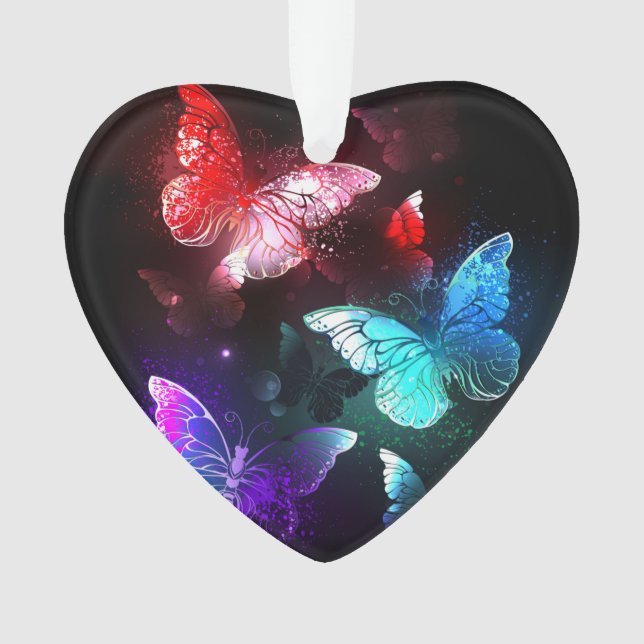Ornamento Três Borboletas brilhantes sobre o fundo noturno (Frente)