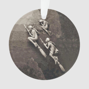 Ornamento Três Bruxas Brancas Voando em Brooms Brown