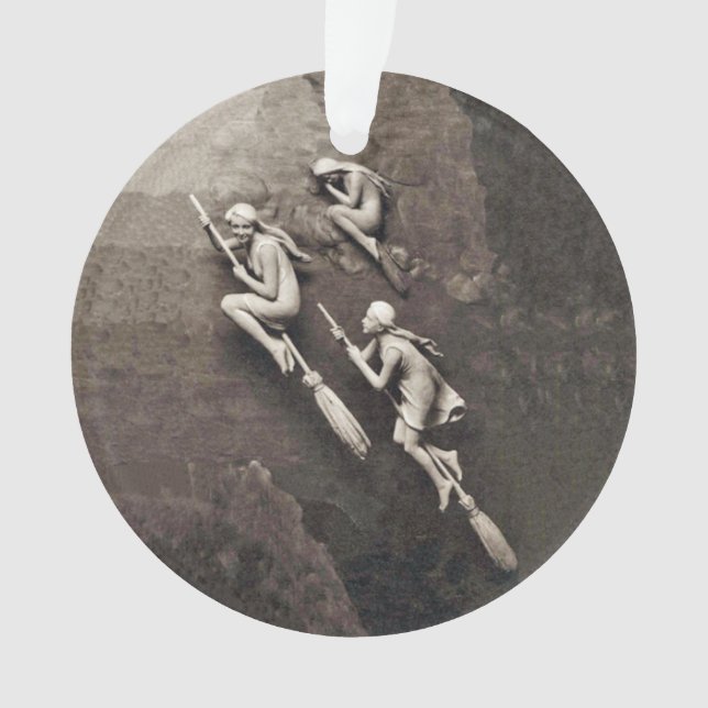 Ornamento Três Bruxas Brancas Voando em Brooms Brown (Frente)