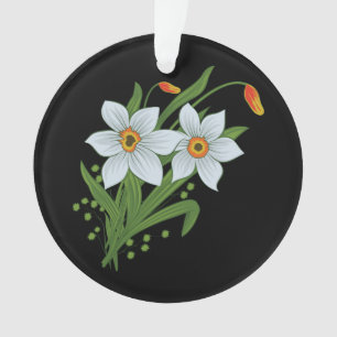 Ornamento Tulipas e Narcisos Flores Fundo Preto