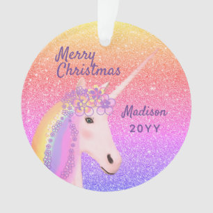 Ornamento Unicorn Rainbow Glitter Christmas Personalizado