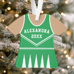 Ornamento Uniforme de Cheerleader Verde Personalizado<br><div class="desc">Celebre seu espírito de cheerleader com este ornamento uniforme de cheerleader branco e verde personalizado. Perfeito para comemorar uma estação especial,  equipe ou realização individual. Personalize-o com um nome e ano para criar uma manutenção exclusiva.</div>