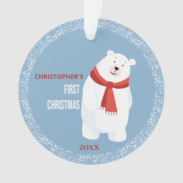 Ornamento Urso Polar Azul, Cute, Primeiro Natal (Frente)