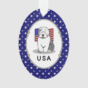 Ornamento US American Flag Old English Sheepdog (Cinza 1)