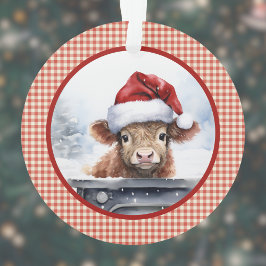 Ornamento Vaca Highland no Natal Cute Santa Hat Gingham