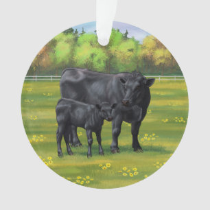Ornamento Vaca Negra e Vitelo Fresco na Pastagem de Verão