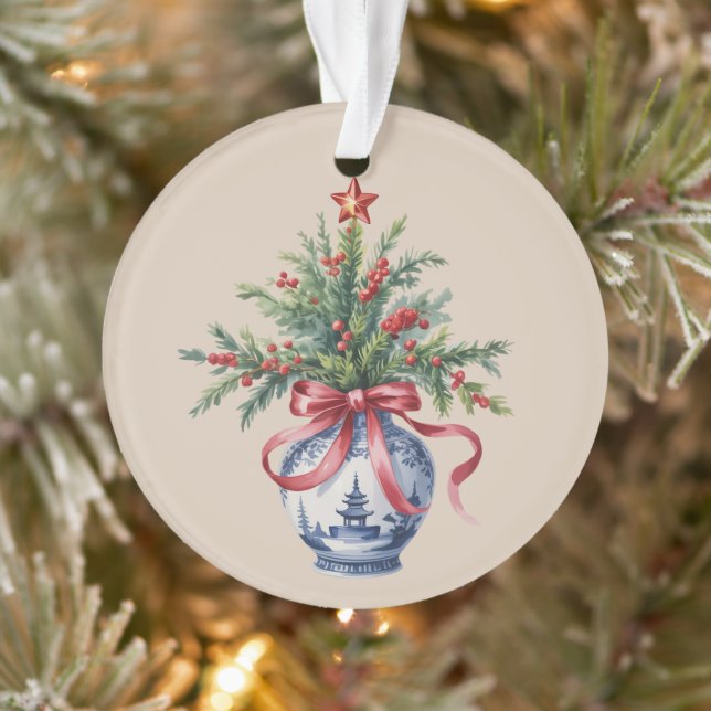 Ornamento Vaso de Natal com Árvore de Natal em Chinoiserie e (Árvore)