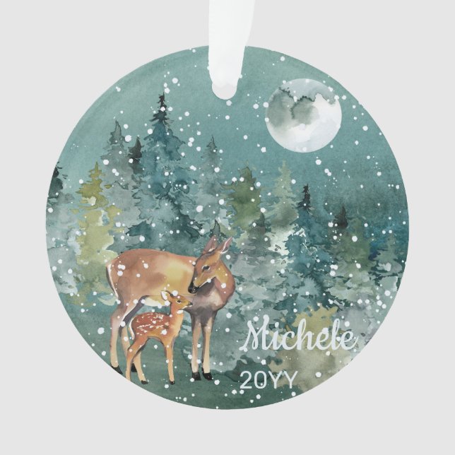 Ornamento Veado Corça Floresta Luar Cheio Neve Aquarela (Frente)