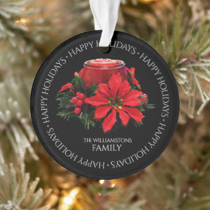 Ornamento Vela de Natal Vermelho Festiva, Holly e Poinsettia