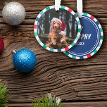 Ornamento Vermelho Verde Azul Starburst Strike Cachorro Nata<br><div class="desc">Pet ornation para o Natal com a dentro de foto do seu cão,  uma estrutura de faixa de estouro em branco,  azul e diferentes tons de verde. Adicione o nome e o ano à parte de trás sob uma impressão de pata.</div>
