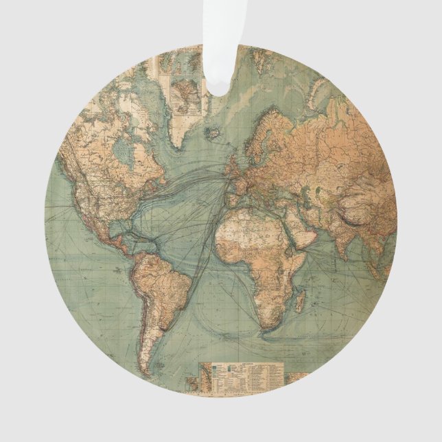 Ornamento Vintage Antigo Mapa Mundial Antiquado (Frente)