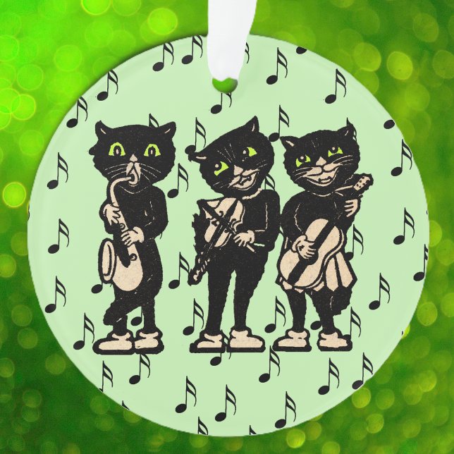 Ornamento Vintage Musical Black Cats (Three black cat musicians playing their instruments black music notes on green ceramic ornament.)