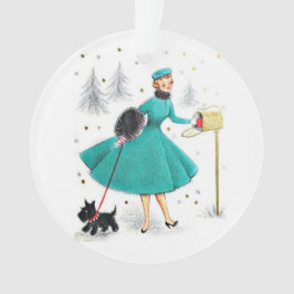 Ornamento Vintage Retro Christmas Woman com Scotty Dog