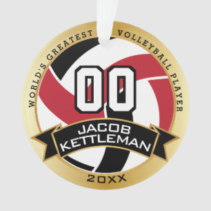 Ornamento Voleibol Vermelho, Negro e Branco   DIY Texto