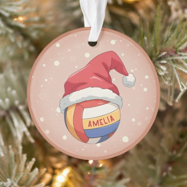 Ornamento Volleyball Ball with Red Santa Hat Name Christmas (Árvore)