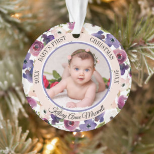 Ornamento Watercolor Floral Baby's First Christmas Photo