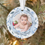 Ornamento Watercolor Floral Baby's First Christmas Photo<br><div class="desc">Uma bela coroa azul-aquática, uma coroa floral, rodeia a foto do seu bebê precioso no centro, enquadrada por um anel circular interno azul claro e azul-azul-dusky e pelo texto "O Primeiro Natal do Bebê". Basta adicionar o nome do seu bebê no final e no ano nos lados frontais e as...</div>