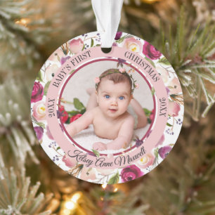 Ornamento Watercolor Floral Baby's First Christmas Photo Orn