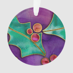 Ornamento Watercolor Holly Berries Purple Green Feriado