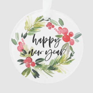 Ornamento Watercolor Holly Wreath Feliz ano novo 2018