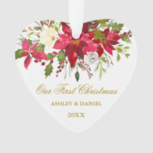 Ornamento Watercolor Poinsettia Floral Primeiro Natal Dourad