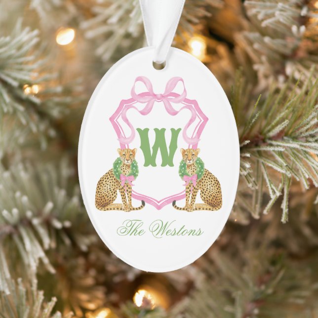 Ornamento Watercolor Preppy Leopard Christmas Monogram Crest (Árvore)
