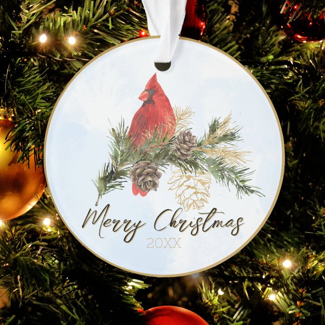 Ornamento Watercolor Red Cardinal Feliz Natal (Watercolor Red Cardinal Merry Christmas Ornament
)