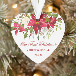 Ornamento Watercolor Red Poinsettia Floral Primeiro Natal