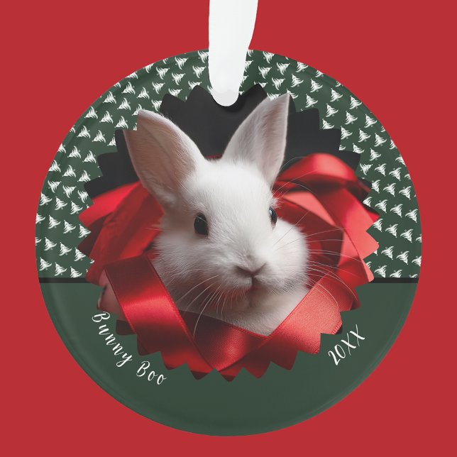 Ornamento White bunny with red ribbon on green holiday  (Criador carregado)